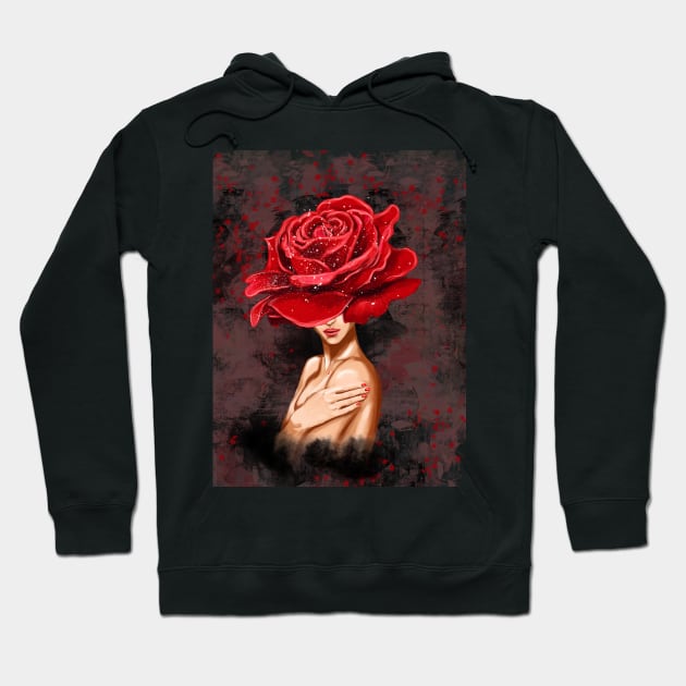 Girl with a big red rose on her head Hoodie by Olena Tyshchenko
